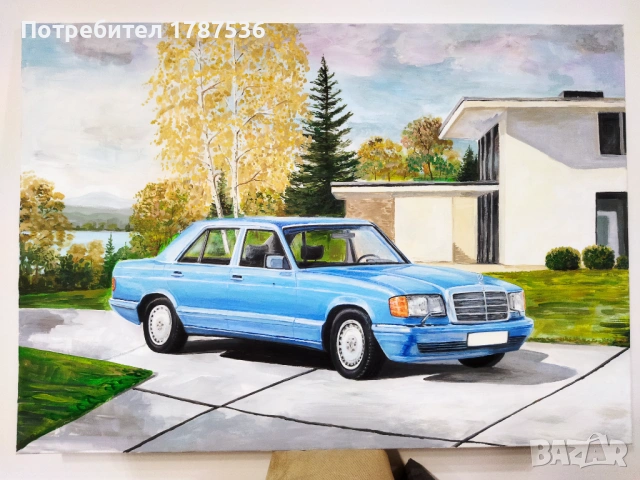 Платно ,акрилни бои ,пейзаж с мерцедес, снимка 3 - Картини - 54019492