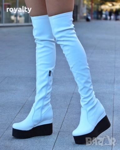 Ботуши на платформа - бяла кожа с черно ходило