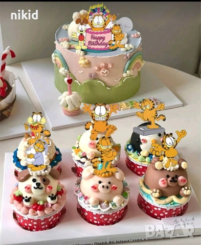 Гарфилд Happy Birthday картонен топер 12 бр топери украса декор парти рожден ден торта мъфини