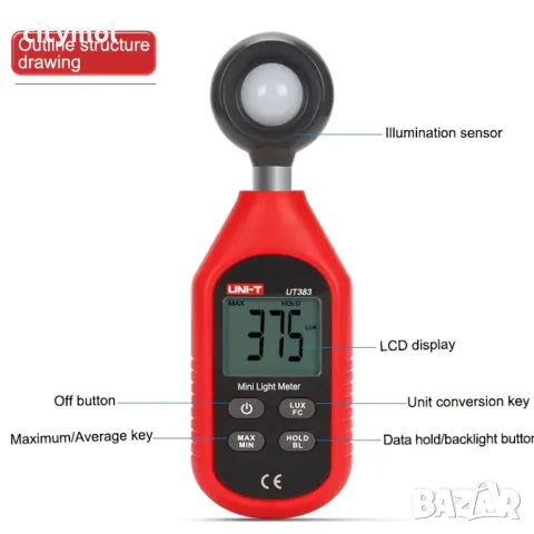 Луксметър светломер светлометър lux / light meter светлина,UNI-T UT383,  0 - 200 000 lx, снимка 2 - Светкавици, студийно осветление - 47437829