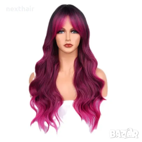 Омбре перука розово червена циклама с черни корени и бретон, снимка 10 - Аксесоари за коса - 47997798