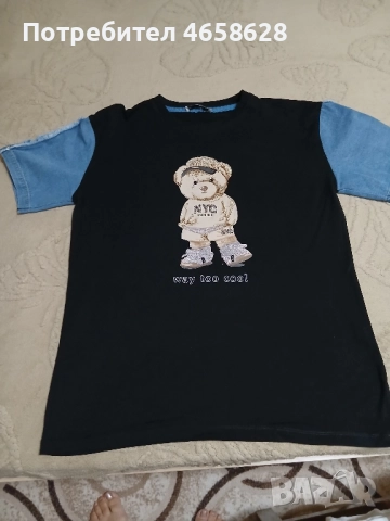 Черна тениска с дънкови ръкави , снимка 3 - Тениски - 52513448