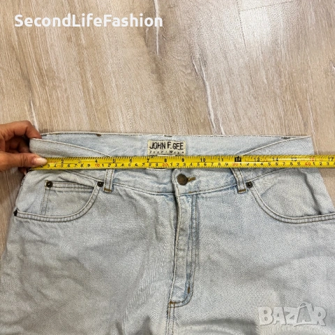 Винтидж мъжки дънки JOHN F GEE W32 L26, бяло-сини, ретро с цип, снимка 6 - Дънки - 53253225