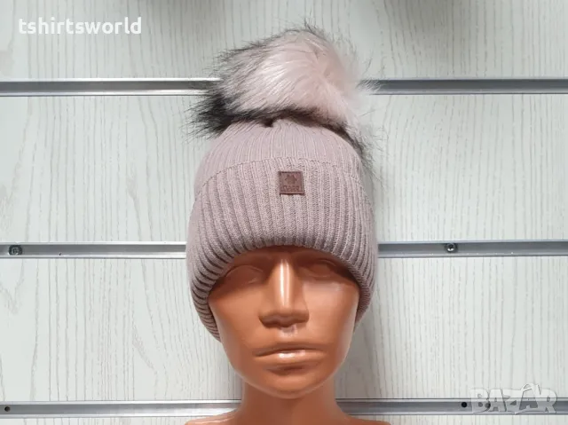 Нова зимна топла дамска шапка Silver Star в цвят пепел от рози с пух/помпон, снимка 6 - Шапки - 47926752