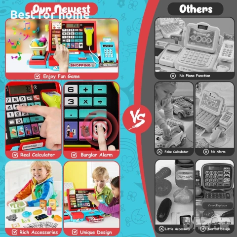 52 бр. играчка касов апарат за деца със звукова музика/скенер/микрофон/кредитна карта/пари за игра, снимка 6 - Други - 54127330