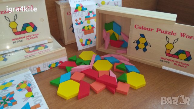Цветен дървен пъзел мозайка 60 части с цветни блокчета конструктор стрител, снимка 4 - Образователни игри - 36583255