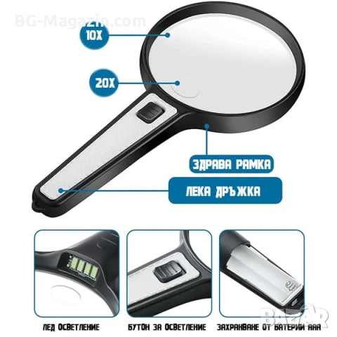 Голяма ръчна лупа 10X с LED осветление за четене стъклена увеличителна мощна дръжка професионална, снимка 2 - Други инструменти - 50919717