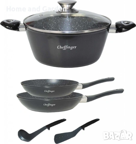 Комплект съдове за готвене 6 части Cheffinger – тенджера 24 см, тигани 24 и 28 см, за индукция, снимка 2 - Съдове за готвене - 54036350