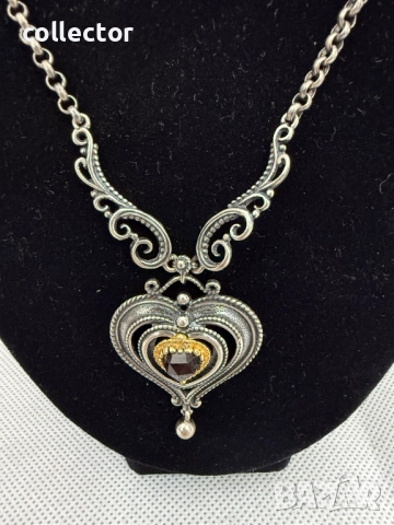 Сребърно колие с гранат и позлата - Ар Деко. №7774, снимка 3 - Колиета, медальони, синджири - 52847565