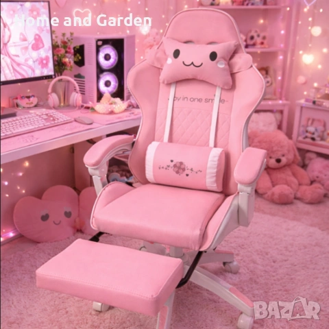 Ергономичен розов геймърски стол с поставка за крака