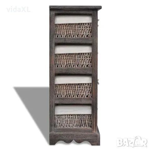 vidaXL Кафяв дървен стелаж с 4 плетени кошници за съхранение, снимка 3 - Кутии за съхранение - 56146338