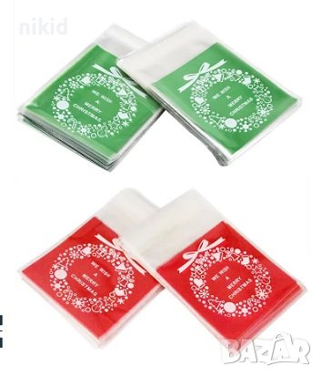 50 Коледен венец червен зелен бял новогодишни опаковъчни пликчета торбички за дребни сладки подаръци, снимка 3 - Други - 20618944