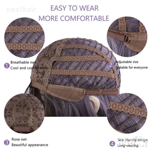 Омбре перука три цвята кафяво-лилаво-сиво с бретон, снимка 6 - Аксесоари за коса - 48675389