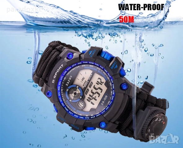 Тактически 7-в-1 Survival Часовник – Водоустойчив до 50 м с Паракорд Гривна, Компас и Кремък, снимка 2 - Мъжки - 52369150