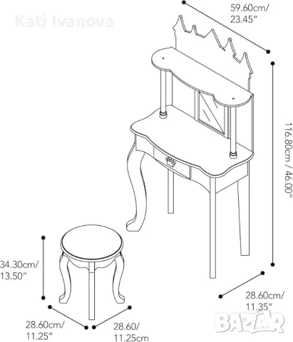 Комплект тоалетка за деца Dreamland Princess с огледало, рафт, чекмедже за съхранение, табуретка, снимка 7 - Други - 48529048