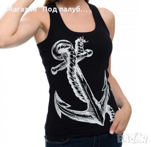 Нов дамски черен потник с трансферен печат Голяма котва, морски