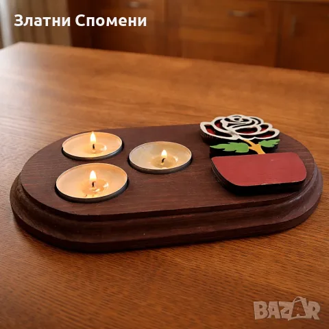 Дървен свещник с роза - романтичен подарък за жена, снимка 2 - Романтични подаръци - 56167112