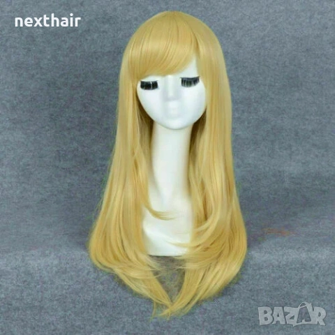 Златисто руса аниме косплей перука с бретон - 55 см