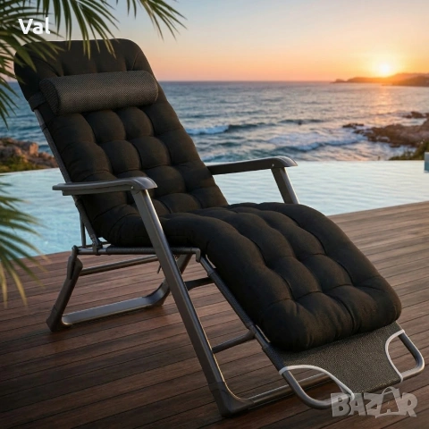 Сгъваем градински шезлонг с мека ватирана възглавница, дишаща материя, регулируем, 178см, снимка 2 - Градински мебели, декорация  - 53891537