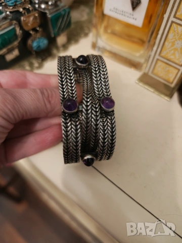 Стара сребърна гривна натурален аметист , снимка 3 - Гривни - 54030547