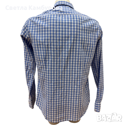 Мъжка риза HUGO BOSS размер М каре бяло синьо, снимка 3 - Ризи - 44569071