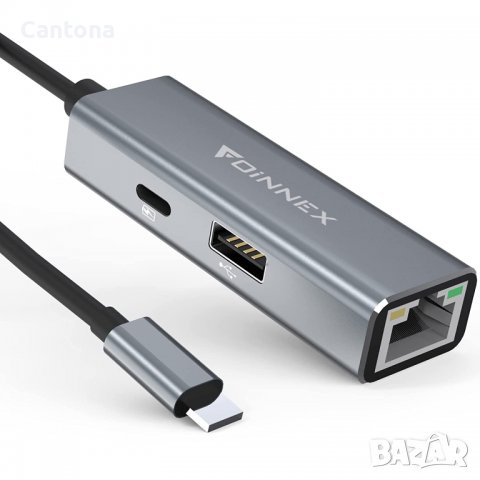 FOINNEX  Lightning към Ethernet 10/100 Mbps адаптер, USB порт и PD порт за зареждане, Plug and Play, снимка 1 - Аксесоари за Apple - 38025577