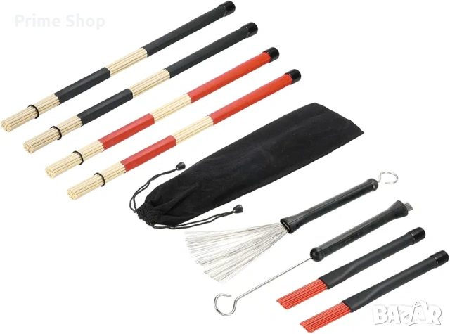 Комплект палки и четки за барабани, 4 чифта с калъф