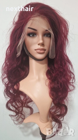 Естествена бразилска перука 75 см – тъмно червена, чуплива, дантелена зона 13x6
