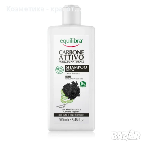 Детоксикиращ шампоан с активен въглен и алое вера, 250 мл 