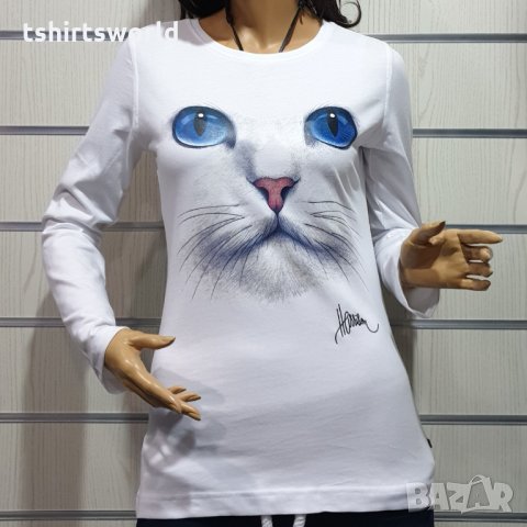 Нова дамска блуза с дълъг ръкав с 3D принт Котка със сини очи, снимка 5 - Блузи с дълъг ръкав и пуловери - 30655539