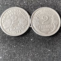 2 монети стари френски франка 1943 и 1947 година , снимка 1 - Нумизматика и бонистика - 44365488
