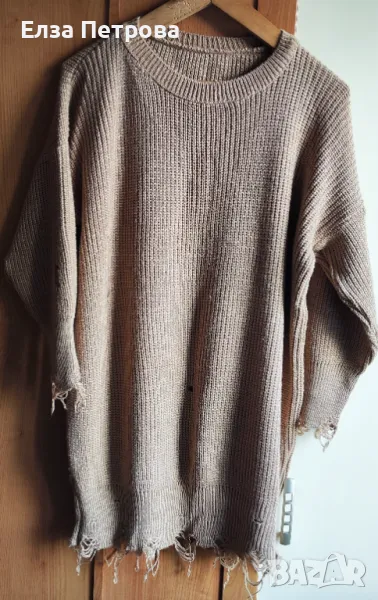 Вълнена дамска зимна блуза/пуловер цвят капучино с накъсано, снимка 1
