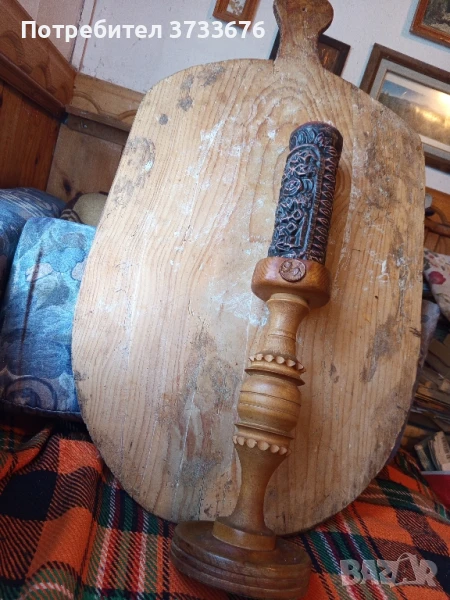 Уникален дървен свещник, висок 59 см, 36 на дървената част.Дебела свещ., снимка 1