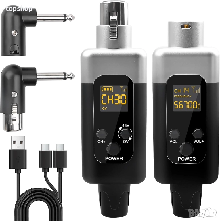 Нов Безжичен микрофонен предавател/приемник, 2.4G 1 към 1 UHF предавател/приемник, 48 V фантомно ..., снимка 1