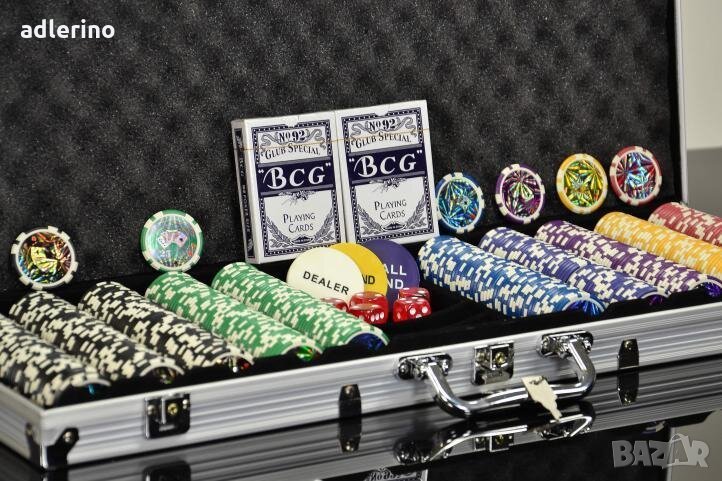 Комплект за Покер, куфар, чипове, зарове, тестета, 500 чипа, закръглени чипове, снимка 1