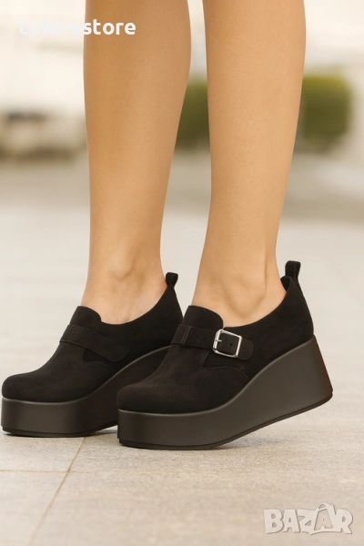 Обувки на платформа - черен велур с черно ходило - KV25 , снимка 1
