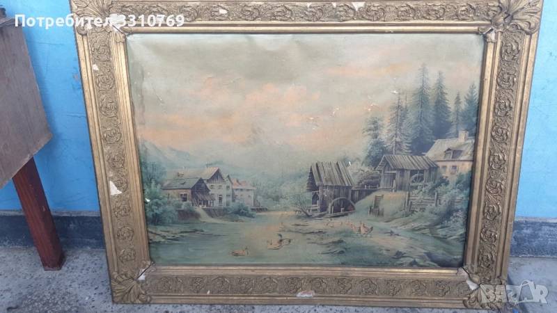 Стара картина изглед от алпийски село., снимка 1