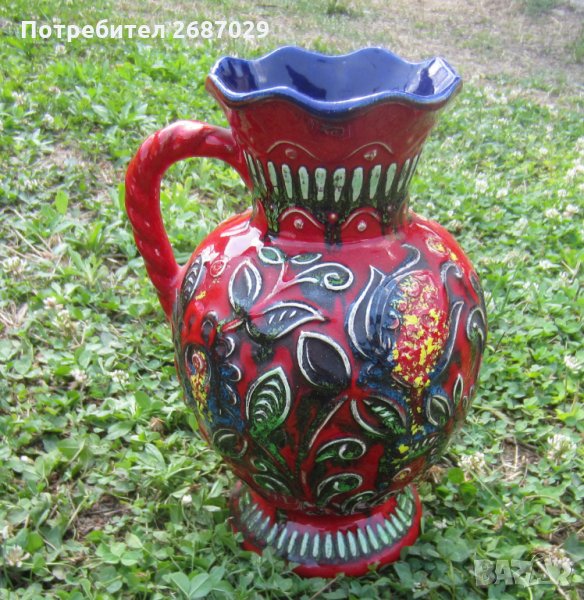 Красива германска ваза или кана, червена със синьо, снимка 1