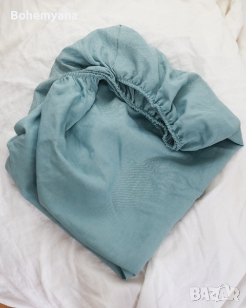 Babyly ленен чаршаф с ластик 60 х 120 см – син, снимка 1