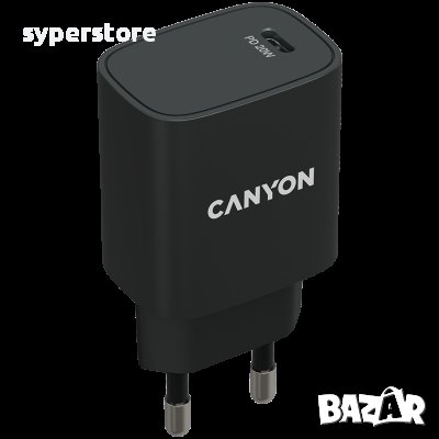 Зарядно за телефон, адаптер CANYON H-20, 1xUSB Type-C, Черен SS30218, снимка 1