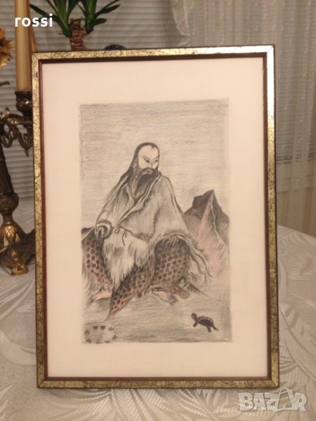 Китайска картина -цветна графика 1985 г. оригинал с рамка, снимка 1