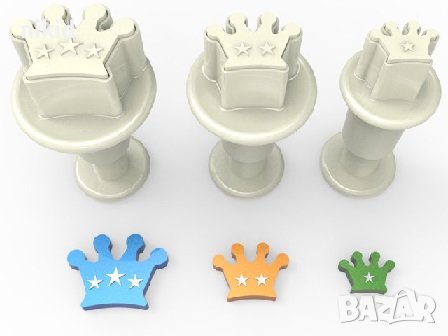 3 бр мини Корона Крал коронки пластмасови резци с бутало релефни форми фондан украса резец форма, снимка 1