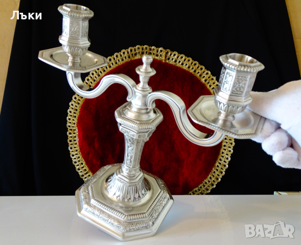 Френски готически двоен свещник от калай 1.5 кг. , снимка 13 - Антикварни и старинни предмети - 44620463