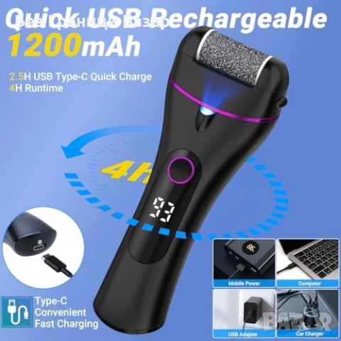 Нова Електрическа пила за пети 3 скорости LED Type-C IPX6 Уред за мазоли и загрубяла кожа, снимка 3 - Други - 54046991