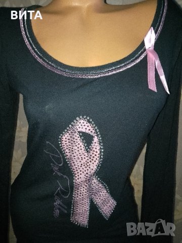 Sportalm- M- Черна блуза с  панделка с розови камъчета , снимка 1 - Блузи с дълъг ръкав и пуловери - 44348309