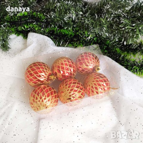 4259 Комплект коледни топки за елха червени със златист брокат, 6 броя, снимка 3 - Декорация за дома - 42903878