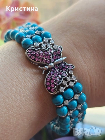 Уникална сребърна гривна с Тюркоази и Рубини, снимка 2 - Гривни - 54058793