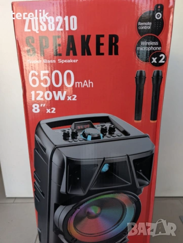 !@ Нова ZQS 8210 2х8 120W 6500mah 2 микрофона ПРЕНОСИМА КАРАОКЕ КОЛОНА, снимка 3 - Аудиосистеми - 53163709