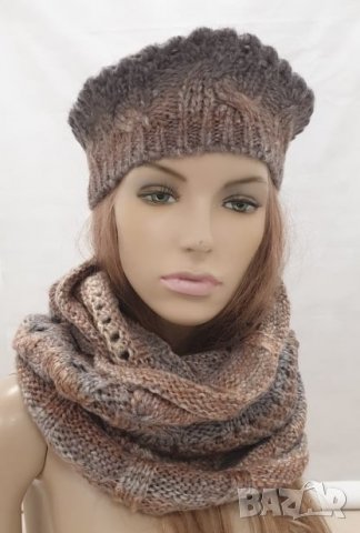 Кафяв дамски плетен комплект от шал и шапка марка Bonnet, снимка 2 - Шалове - 17607477
