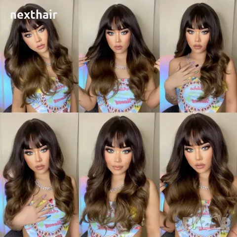 Кафява омбре перука два тона с бретон, снимка 7 - Аксесоари за коса - 48773330